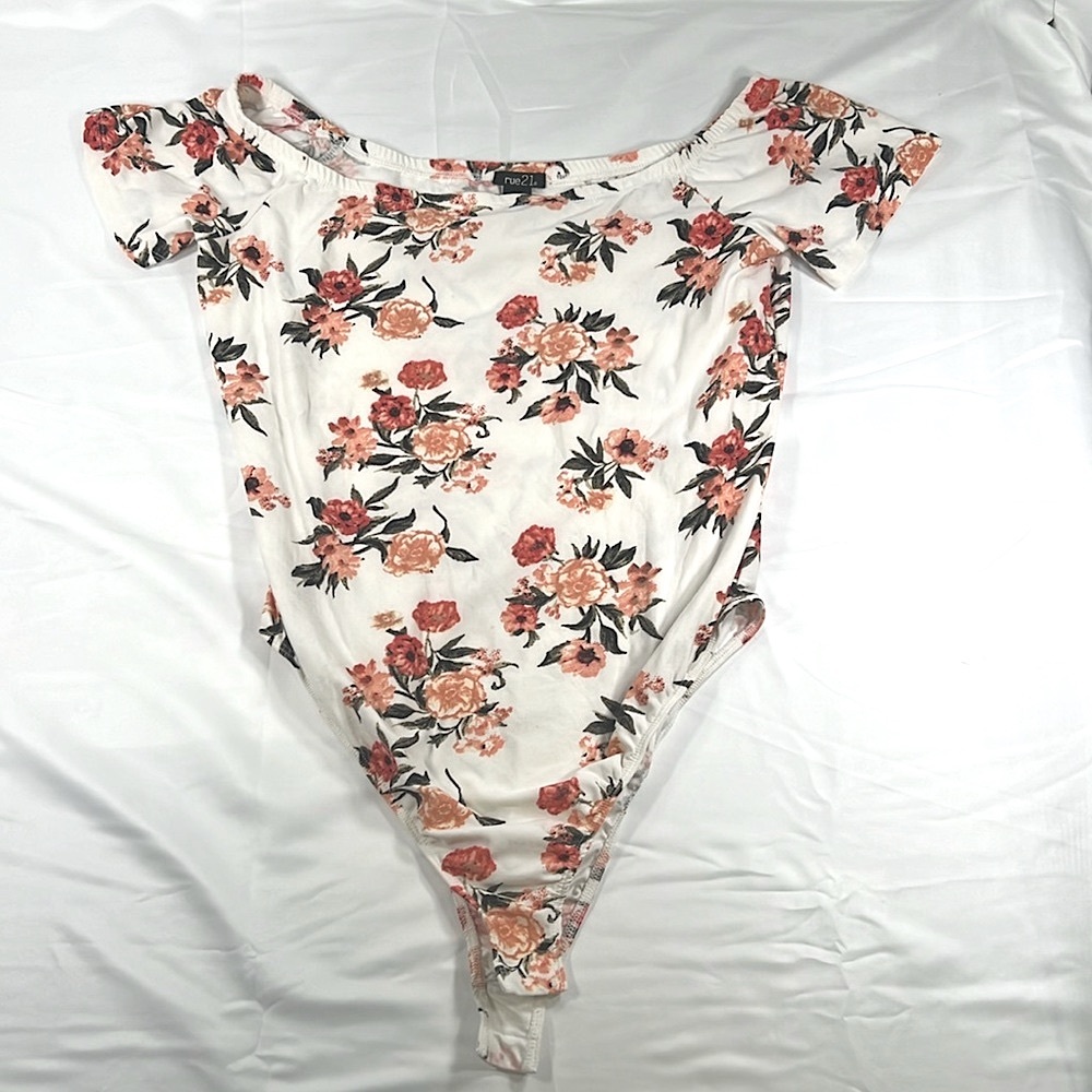 Rue 21 Body Suit, Women's Size XL, Floral, White And Orange, Off The Shoulder